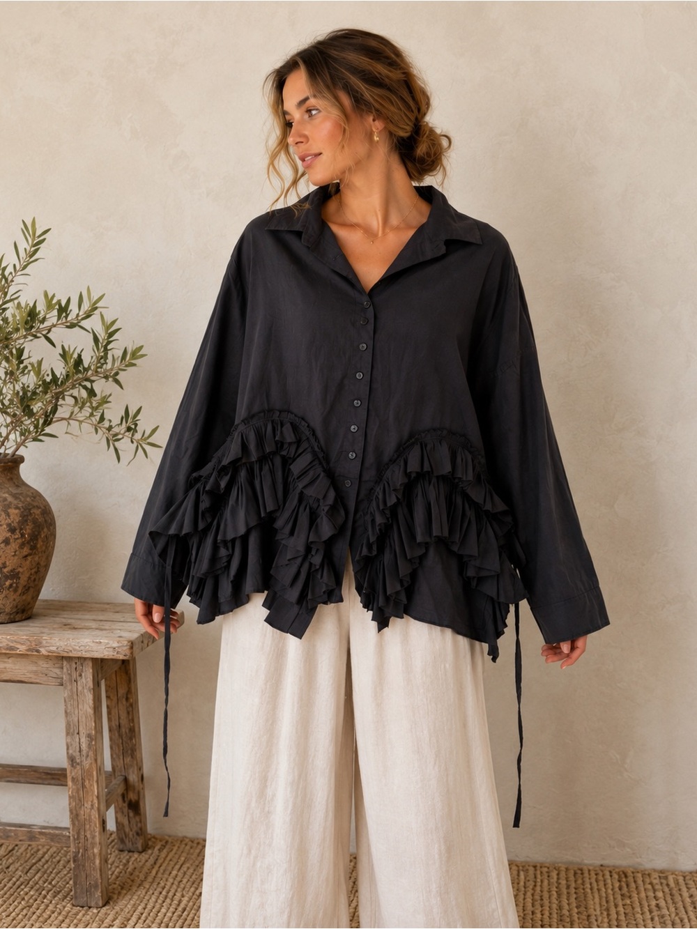 Krista Larson Black Cotton Ruffle Hem Button Down Oversized Shirt One Size